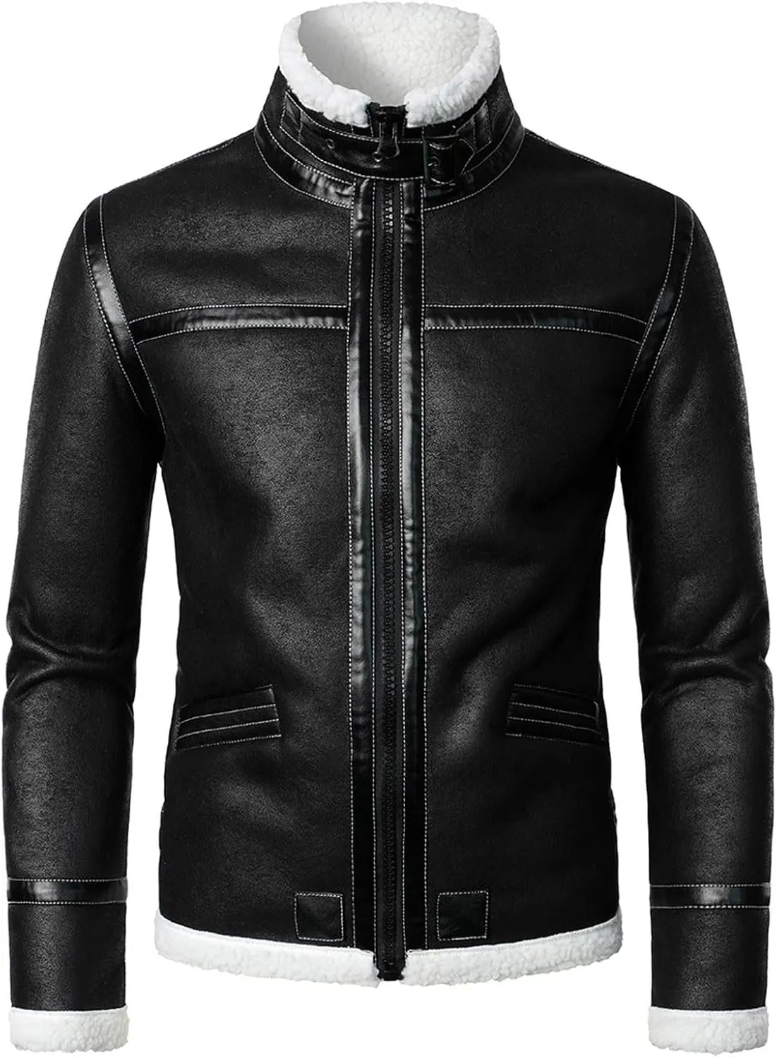 Mens Stand Collar Fleece Lined Bomber Faux Leather Jacket Motorcycle Vintage Sherpa Jackets Casual Thick Leather Coat