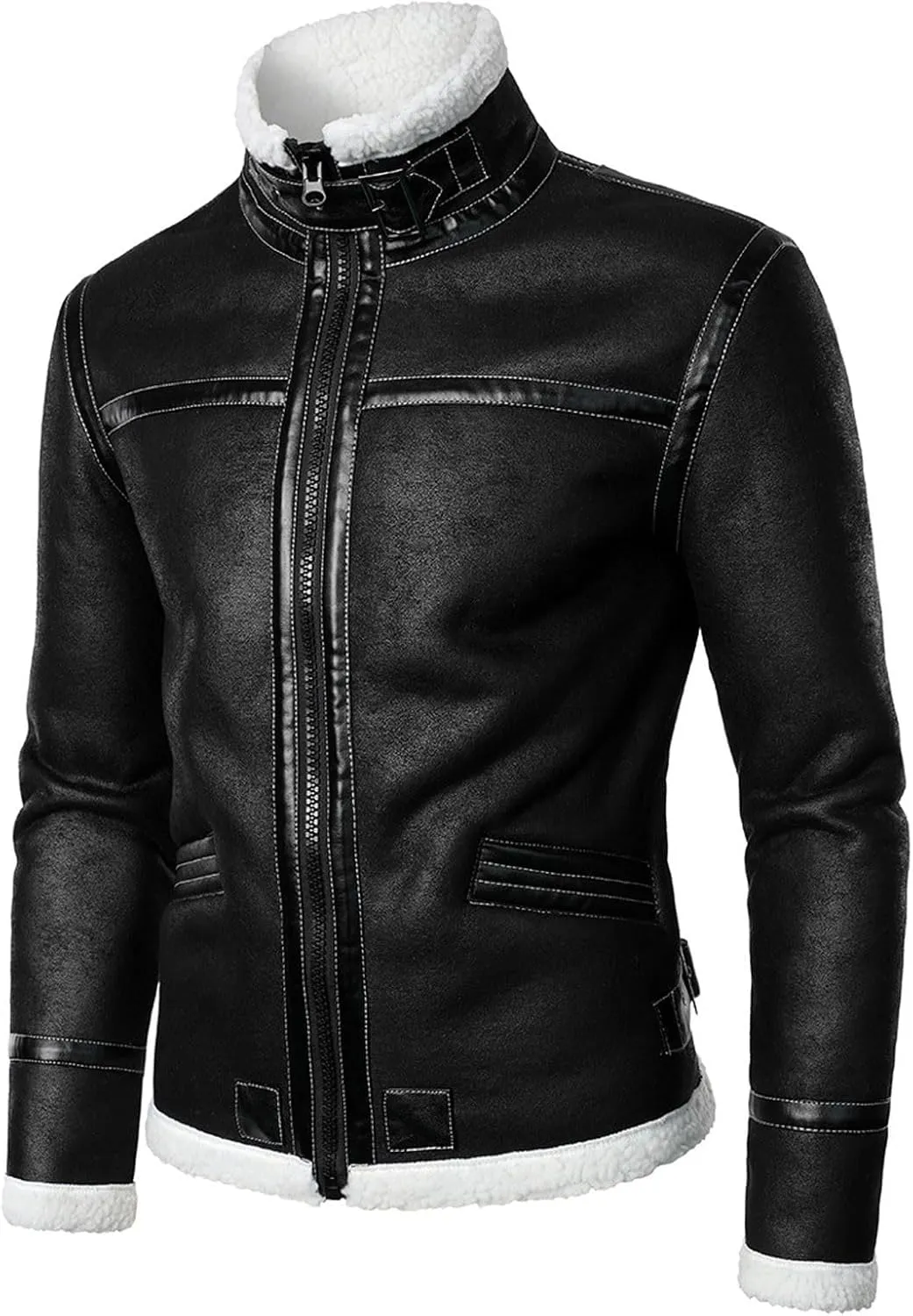 Mens Stand Collar Fleece Lined Bomber Faux Leather Jacket Motorcycle Vintage Sherpa Jackets Casual Thick Leather Coat