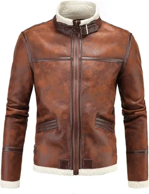 Mens Stand Collar Fleece Lined Bomber Faux Leather Jacket Motorcycle Vintage Sherpa Jackets Casual Thick Leather Coat