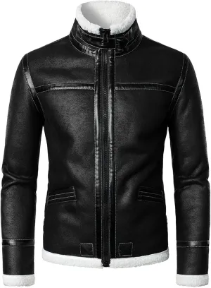 Mens Stand Collar Fleece Lined Bomber Faux Leather Jacket Motorcycle Vintage Sherpa Jackets Casual Thick Leather Coat