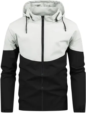 Men's Stand Collar Hooded Jacket Full Zip Colorblock Long Sleeve Coat Fashion Slim Fit Jacket Outerwear with Pocket