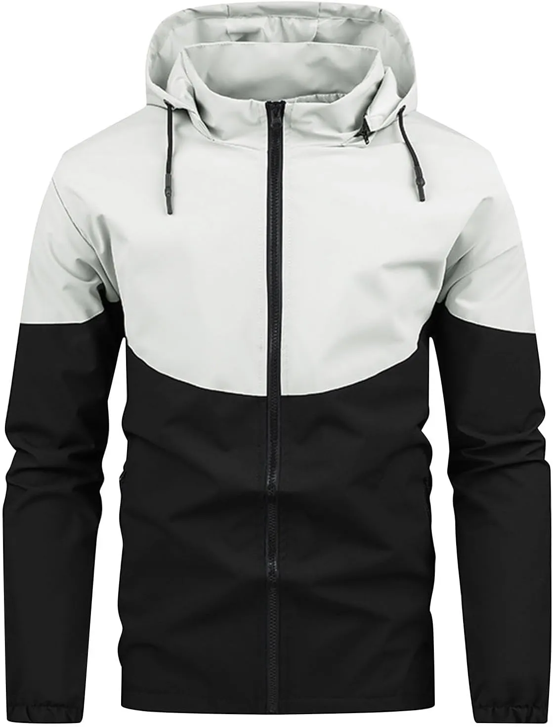 Men's Stand Collar Hooded Jacket Full Zip Colorblock Long Sleeve Coat Fashion Slim Fit Jacket Outerwear with Pocket