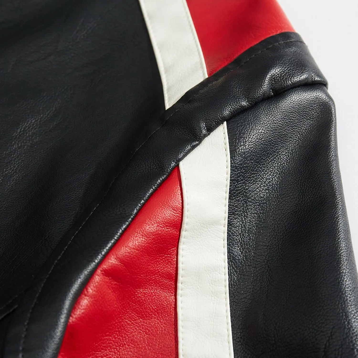 Mens Stand Collar Leather Jacket Motorcycle Lightweight Biker Racing Color Block Faux Leather Bomber Casual Outwear
