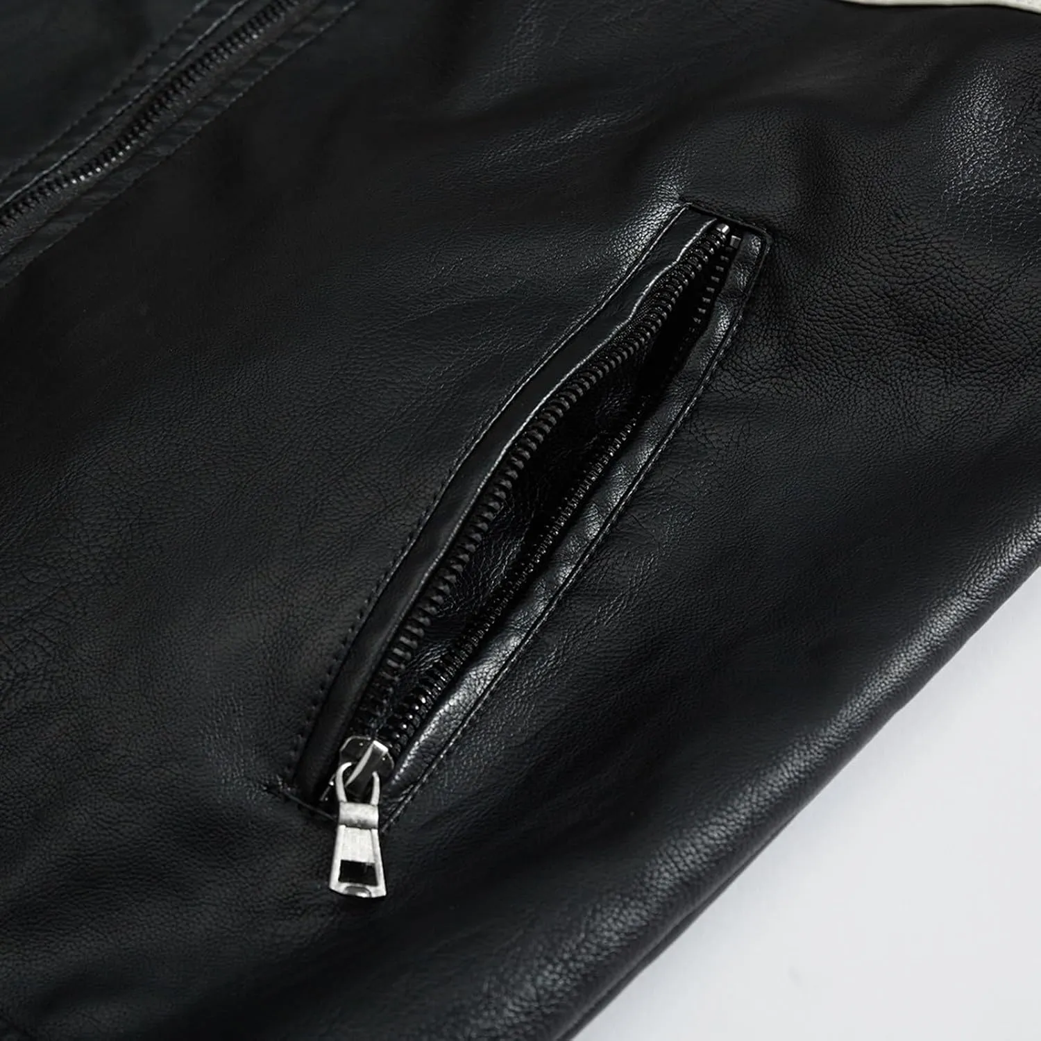 Mens Stand Collar Leather Jacket Motorcycle Lightweight Biker Racing Color Block Faux Leather Bomber Casual Outwear