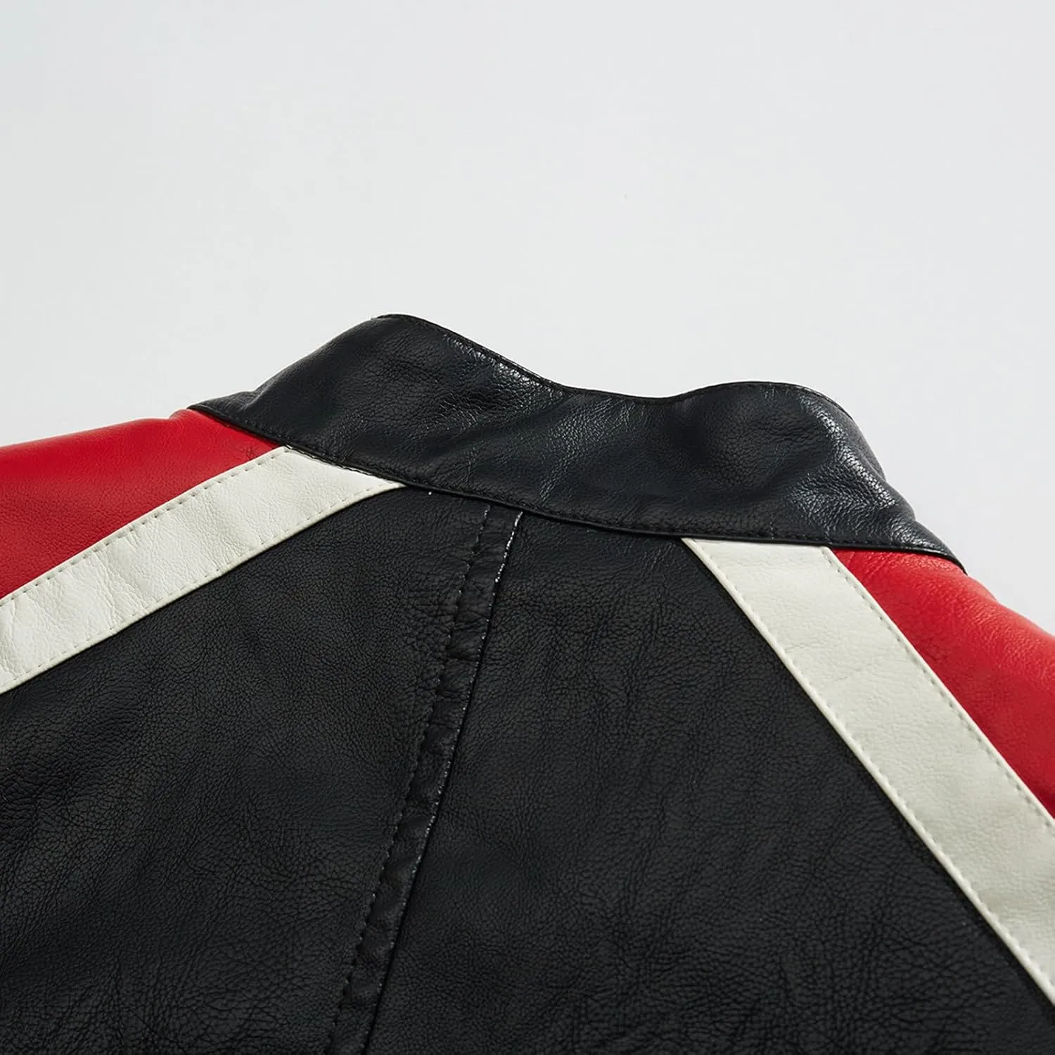 Mens Stand Collar Leather Jacket Motorcycle Lightweight Biker Racing Color Block Faux Leather Bomber Casual Outwear