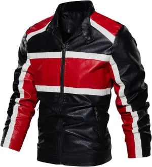 Mens Stand Collar Leather Jacket Motorcycle Lightweight Biker Racing Color Block Faux Leather Bomber Casual Outwear