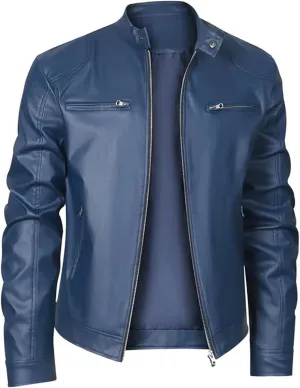 Mens Stand Collar Leather Jacket Motorcycle Lightweight Faux Leather Outerwear Long Sleeve Top with Zipper Pockets