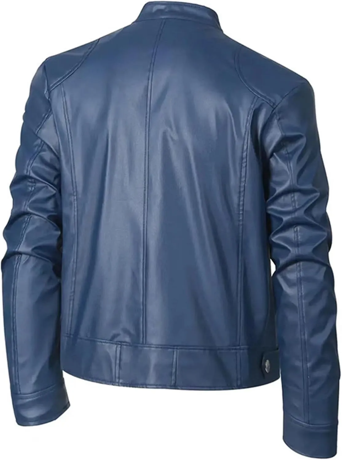 Mens Stand Collar Leather Jacket Motorcycle Lightweight Faux Leather Outerwear Long Sleeve Top with Zipper Pockets
