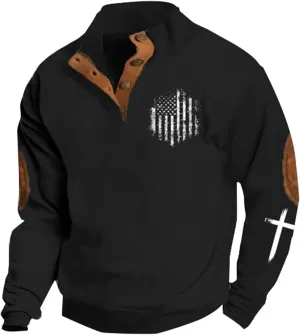 Men'S Sweatshirt God Bless The Usa American Flag Vintage Graphic Sweatshirts Stand Collar Patchwork Pullover