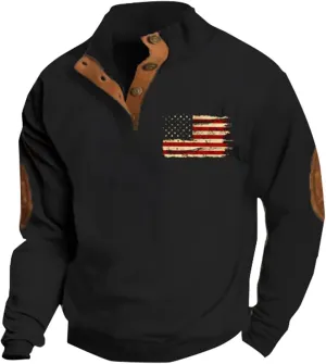 Men'S Sweatshirt God Bless The Usa American Flag Vintage Graphic Sweatshirts Stand Collar Patchwork Pullover