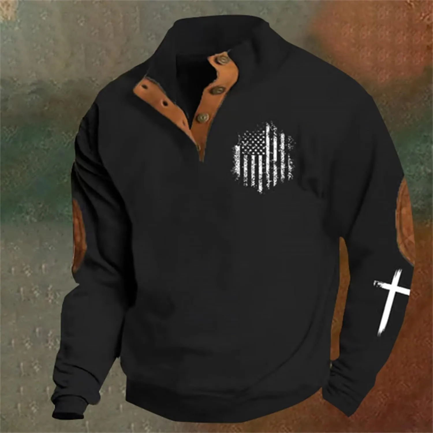 Men'S Sweatshirt God Bless The Usa American Flag Vintage Graphic Sweatshirts Stand Collar Patchwork Pullover