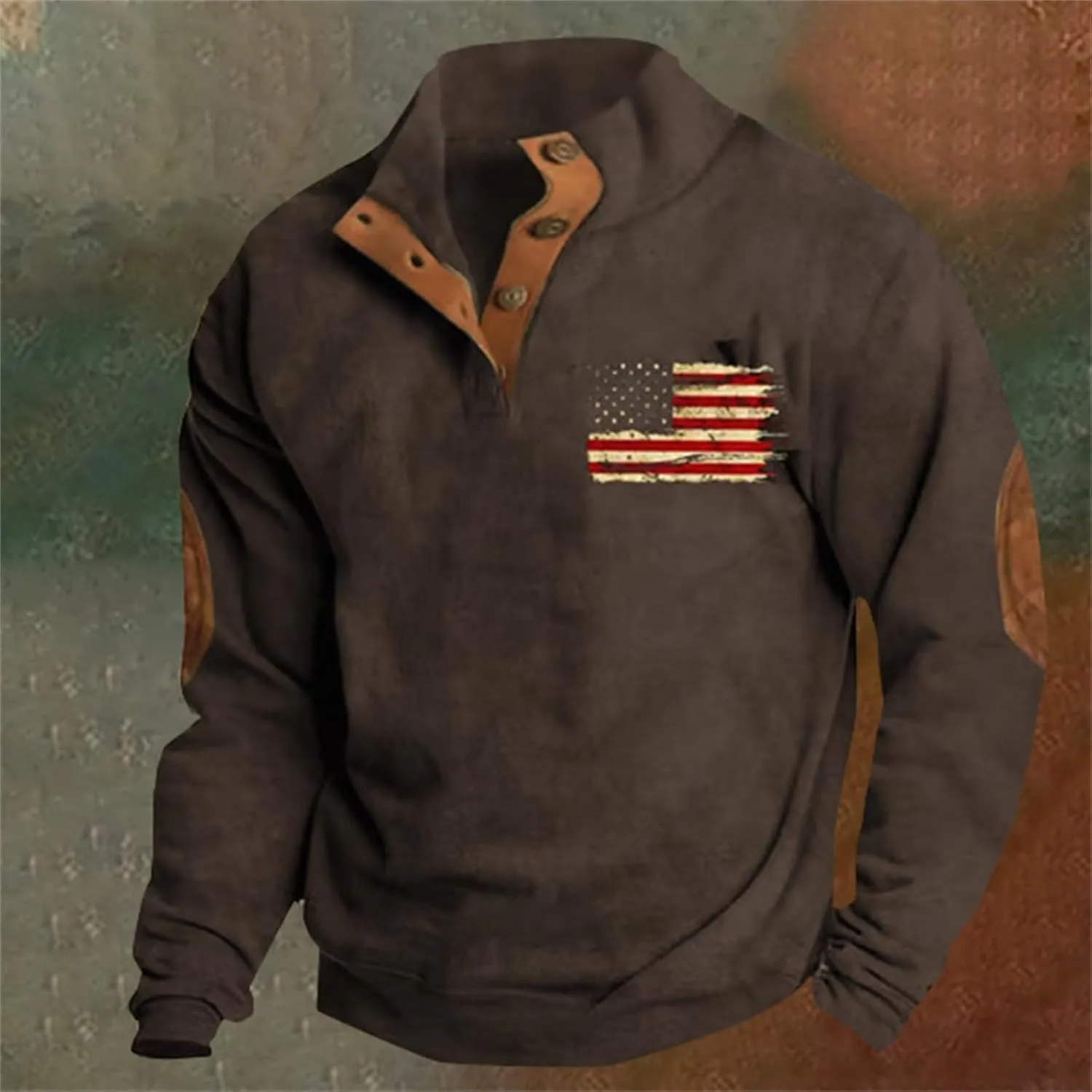Men'S Sweatshirt God Bless The Usa American Flag Vintage Graphic Sweatshirts Stand Collar Patchwork Pullover
