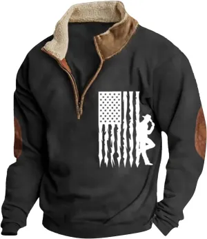 Men'S Sweatshirt God Bless The Usa American Flag Vintage Graphic Sweatshirts Stand Collar Patchwork Pullover