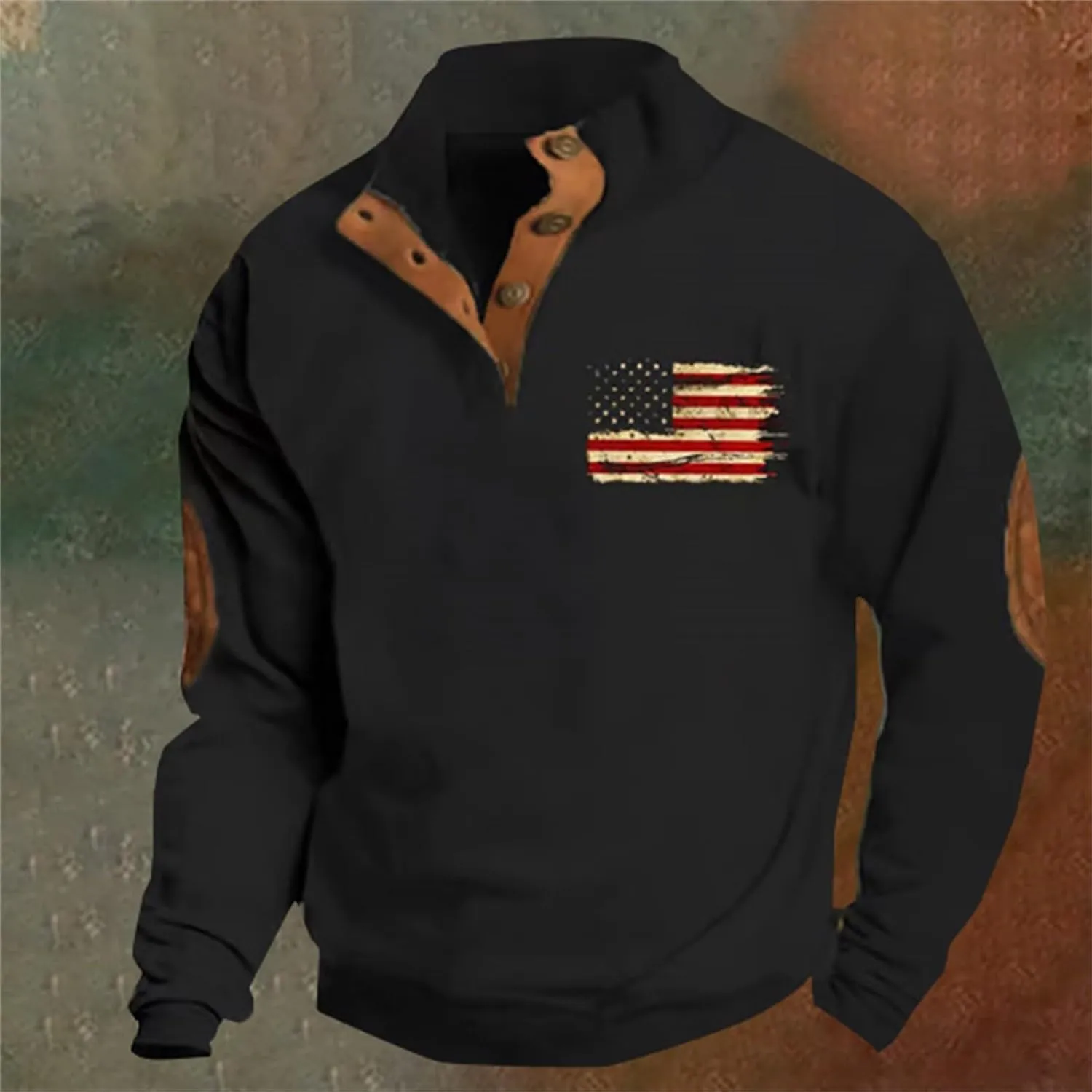 Men'S Sweatshirt God Bless The Usa American Flag Vintage Graphic Sweatshirts Stand Collar Patchwork Pullover