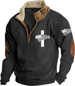 Men'S Sweatshirt God Bless The Usa American Flag Vintage Graphic Sweatshirts Stand Collar Patchwork Pullover