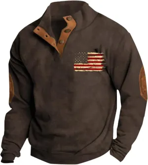 Men'S Sweatshirt God Bless The Usa American Flag Vintage Graphic Sweatshirts Stand Collar Patchwork Pullover