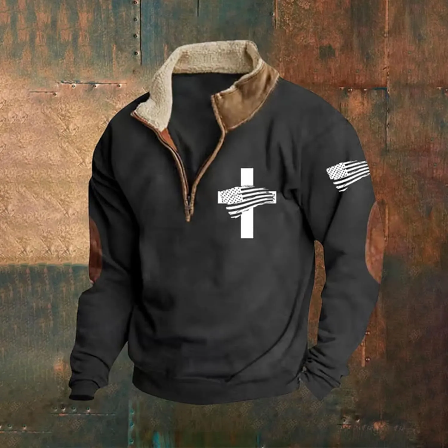 Men'S Sweatshirt God Bless The Usa American Flag Vintage Graphic Sweatshirts Stand Collar Patchwork Pullover