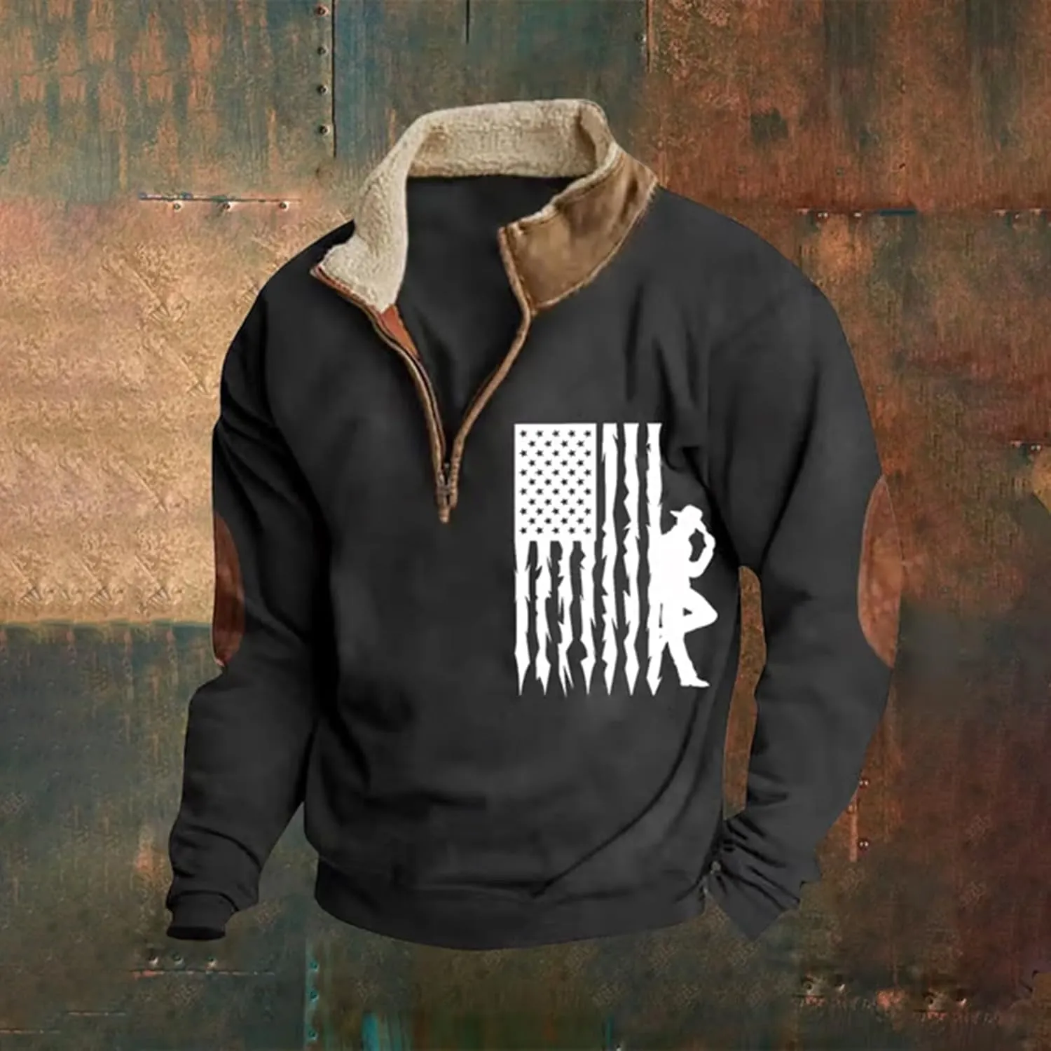 Men'S Sweatshirt God Bless The Usa American Flag Vintage Graphic Sweatshirts Stand Collar Patchwork Pullover