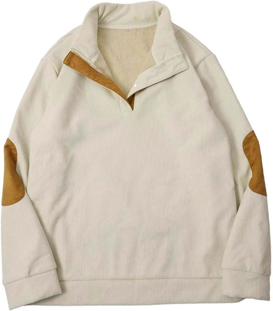Mens Sweatshirt Stand Collar Corduroy Polo Warm Cuff Patch Long Sleeve Sweatshirt Top Stand Collar Button Pullover