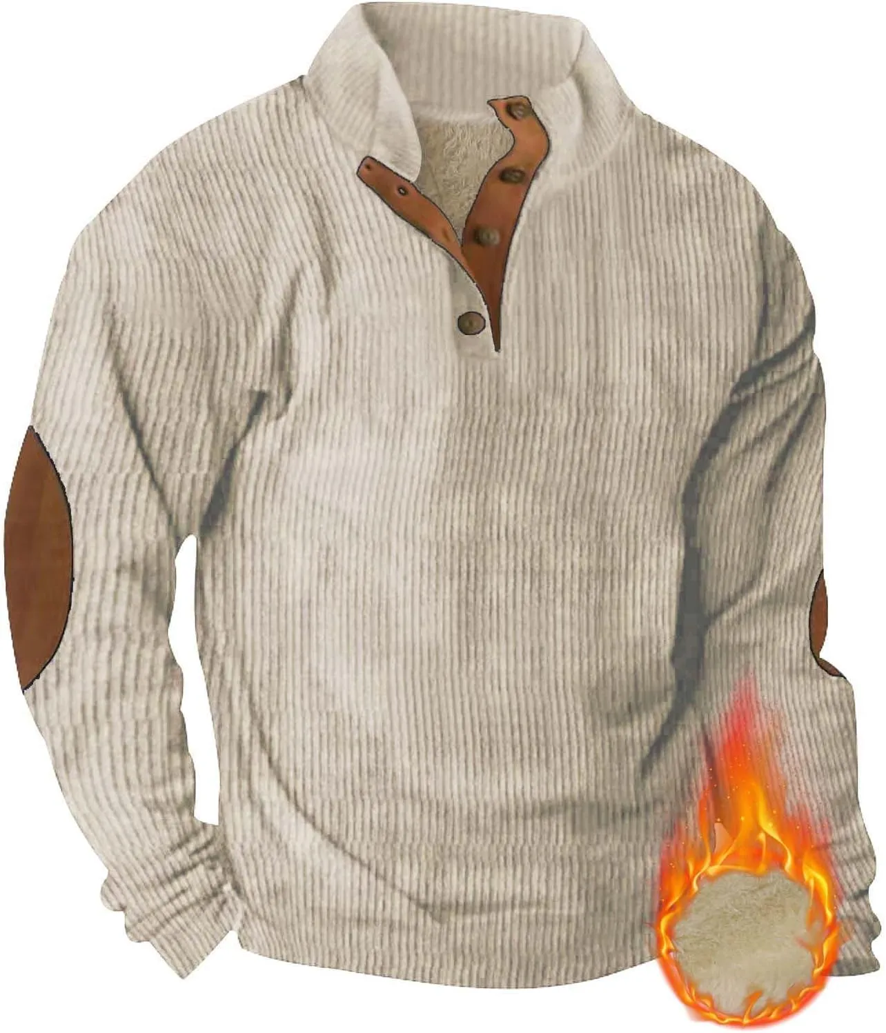 Mens Sweatshirt Stand Collar Corduroy Polo Warm Cuff Patch Long Sleeve Sweatshirt Top Stand Collar Button Pullover