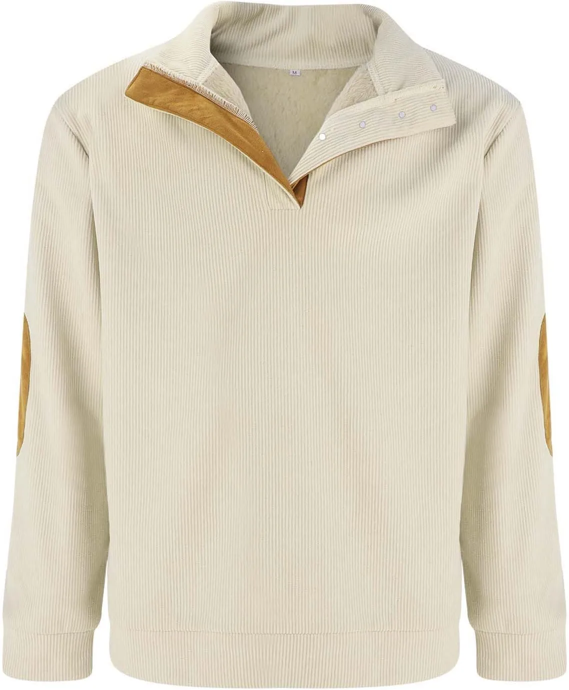 Mens Sweatshirt Stand Collar Corduroy Polo Warm Cuff Patch Long Sleeve Sweatshirt Top Stand Collar Button Pullover