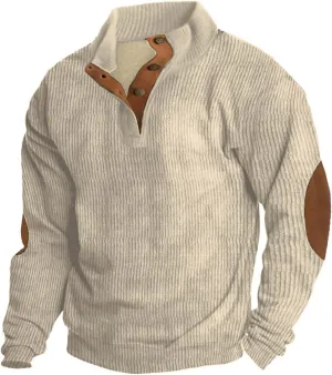 Mens Sweatshirt Stand Collar Corduroy Polo Warm Cuff Patch Long Sleeve Sweatshirt Top Stand Collar Button Pullover