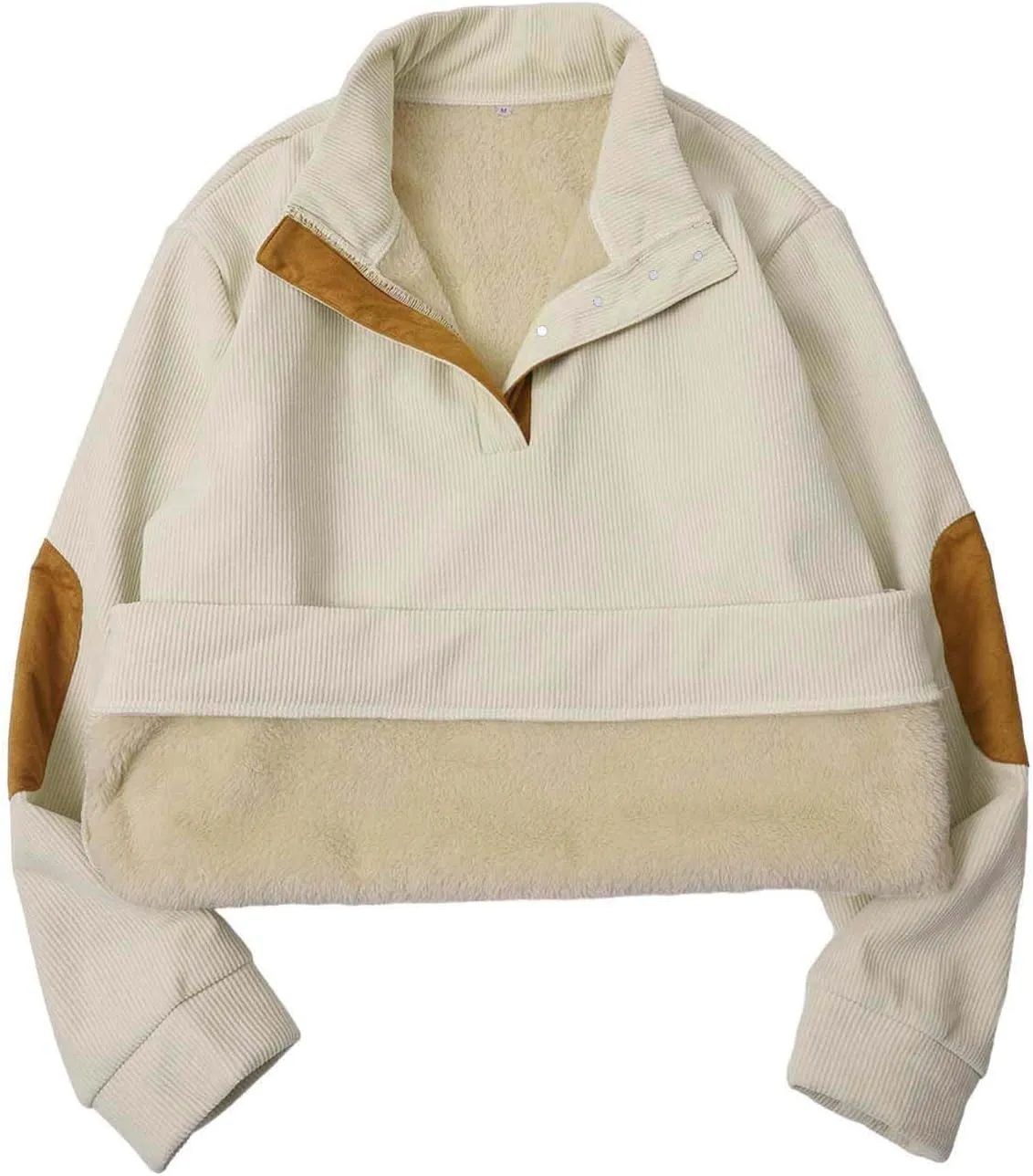 Mens Sweatshirt Stand Collar Corduroy Polo Warm Cuff Patch Long Sleeve Sweatshirt Top Stand Collar Button Pullover