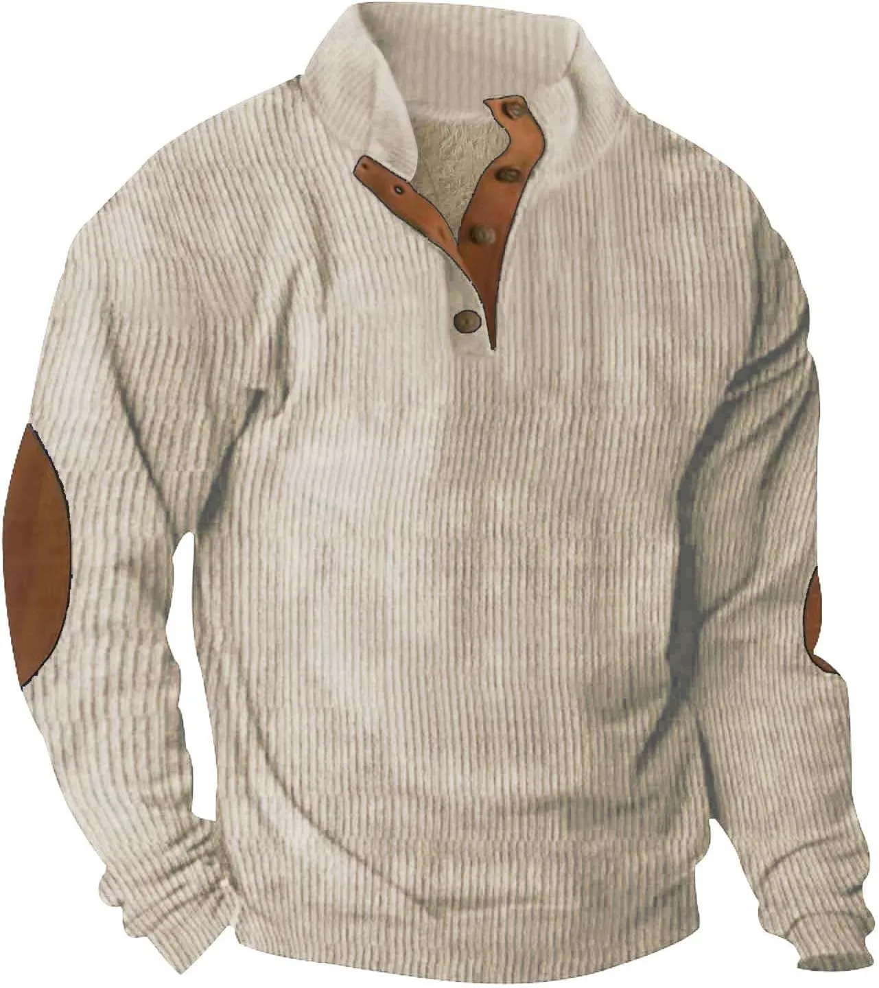 Mens Sweatshirt Stand Collar Corduroy Polo Warm Cuff Patch Long Sleeve Sweatshirt Top Stand Collar Button Pullover