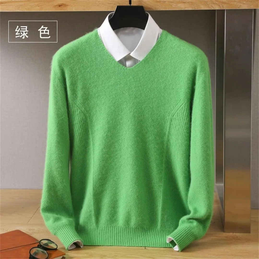Men's Tops Pullover V-Neck Sweater Loose Long-Sleeved Solid Color Knitted Bottom Sweater