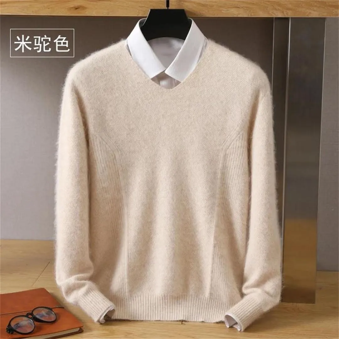 Men's Tops Pullover V-Neck Sweater Loose Long-Sleeved Solid Color Knitted Bottom Sweater