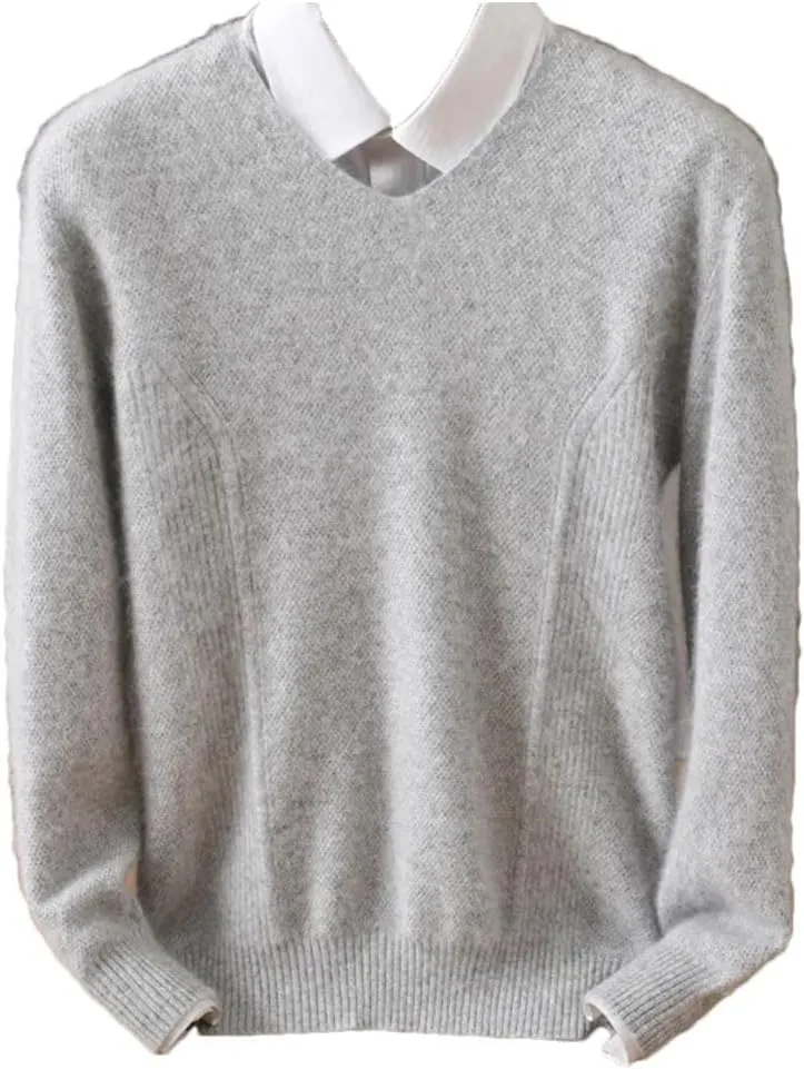 Men's Tops Pullover V-Neck Sweater Loose Long-Sleeved Solid Color Knitted Bottom Sweater