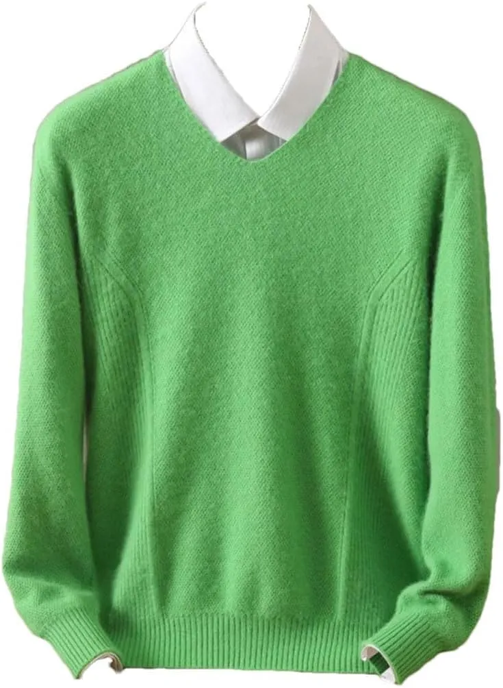 Men's Tops Pullover V-Neck Sweater Loose Long-Sleeved Solid Color Knitted Bottom Sweater