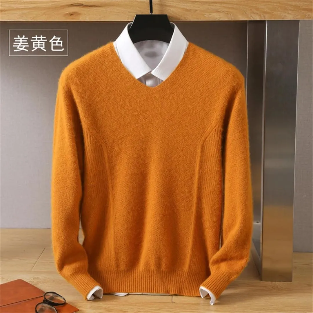 Men's Tops Pullover V-Neck Sweater Loose Long-Sleeved Solid Color Knitted Bottom Sweater