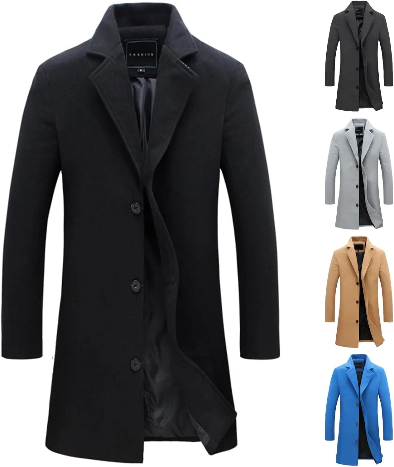 Men's Trench & Pea Coat - Big & Tall Size, Wool Material, Single Breasted, Lapel, Open Front Cardigan Jacket