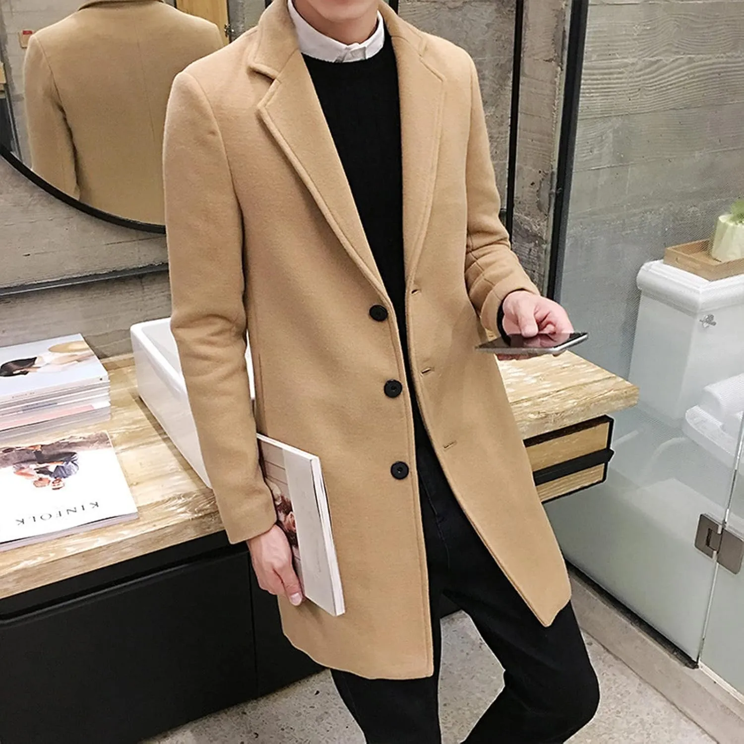 Mens Trench Coat Notched Collar Single Breasted Peacoat Winter Overcoat With Pockets Windbreaker Warm Jackets