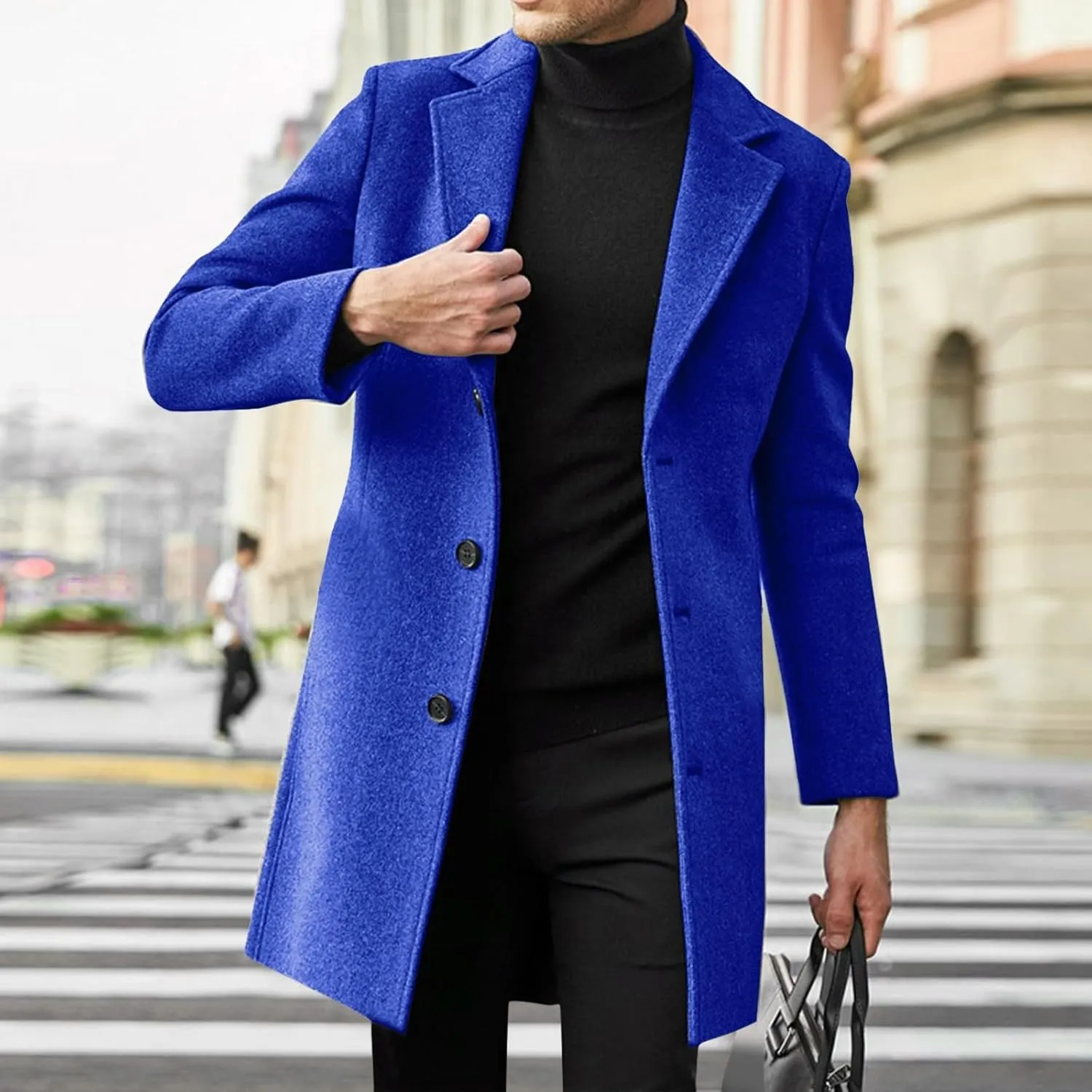 Mens Trench Coat Slim Fit Notch Lapel Single Breasted Business Casual Long Peacoat Fall Winter Windproof Overcoat