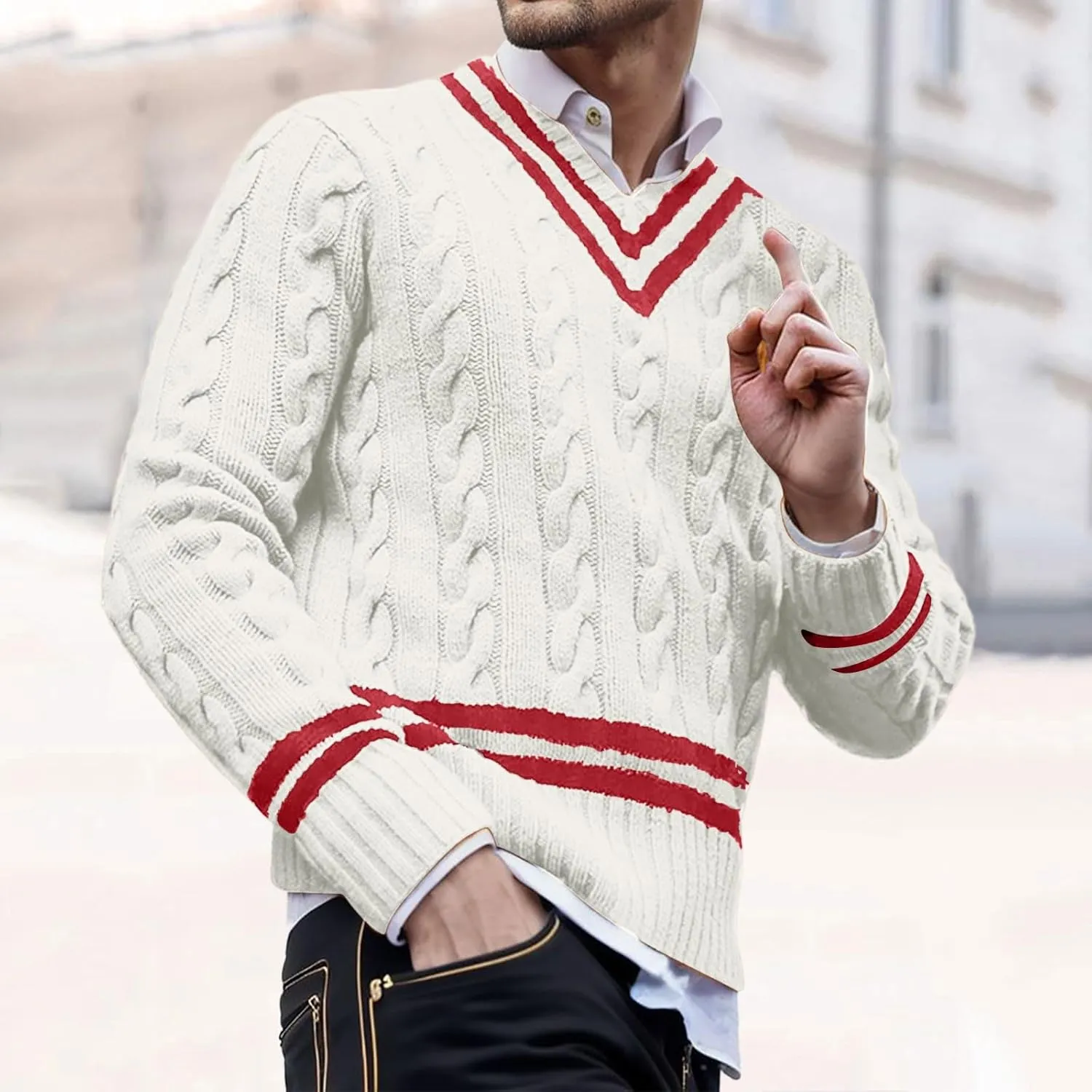 Men's V Neck Sweater Long Sleeve Striped Pullover Twist Textured Ribbed Tops Knitted Casual Loose Oversize Sweater