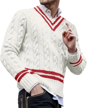 Men's V Neck Sweater Long Sleeve Striped Pullover Twist Textured Ribbed Tops Knitted Casual Loose Oversize Sweater
