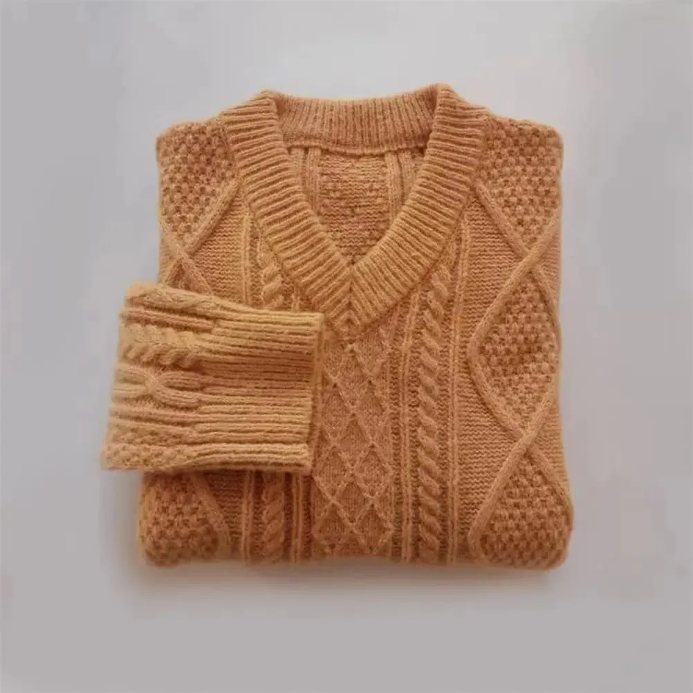 Mens V Neck Sweaters Casual Slim Fit Long Sleeve Wool Blend Loose Pullover Sweater Men Cable Knit Sweater