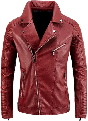 Men's Vintage Asymmetric Zip Lightweight Faux Leather Biker Jacket Long Sleeve Lapel Collar Motorcycle Racing Coats