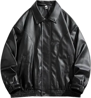 Men's Vintage Faux Leather Jacket Zip Long Sleeve Motorcycle Biker Racing Coat PU Lapel Lightweight Slim Fit Jackets