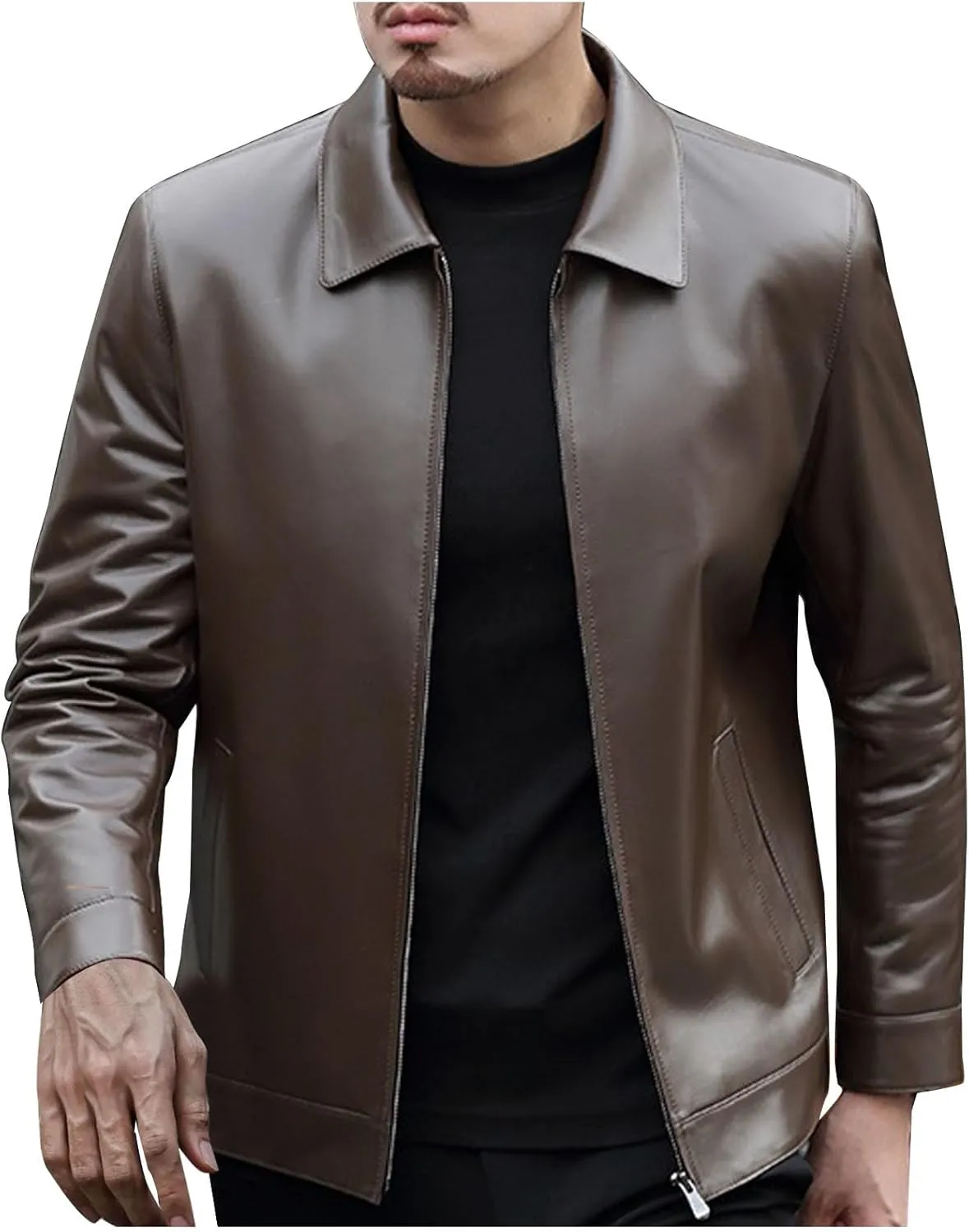Mens Vintage Leather Long Sleeve Jacket Coat Stand Collar Club Coat Fashion Men's Leather Jackets Casual TopsWinter