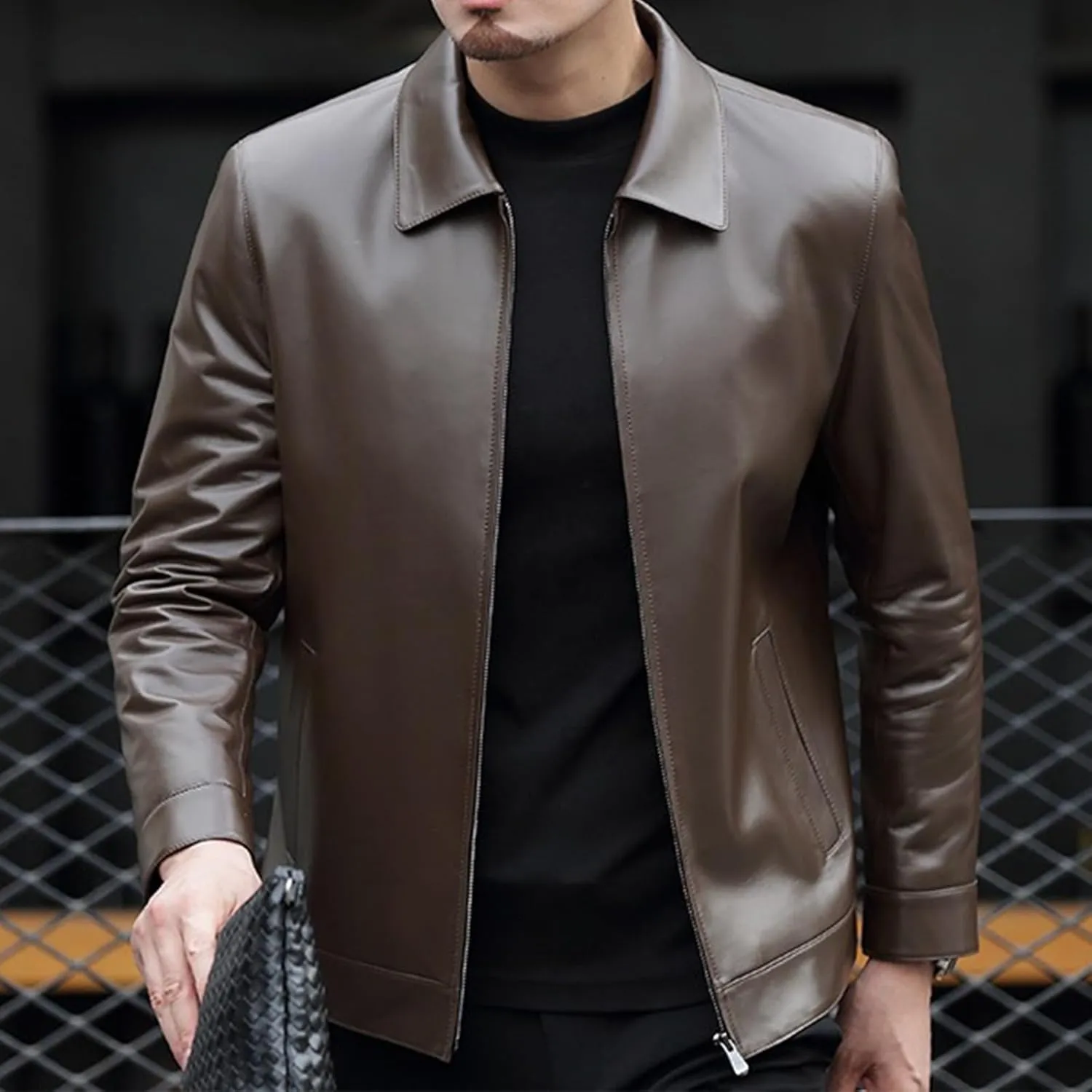 Mens Vintage Leather Long Sleeve Jacket Coat Stand Collar Club Coat Fashion Men's Leather Jackets Casual TopsWinter