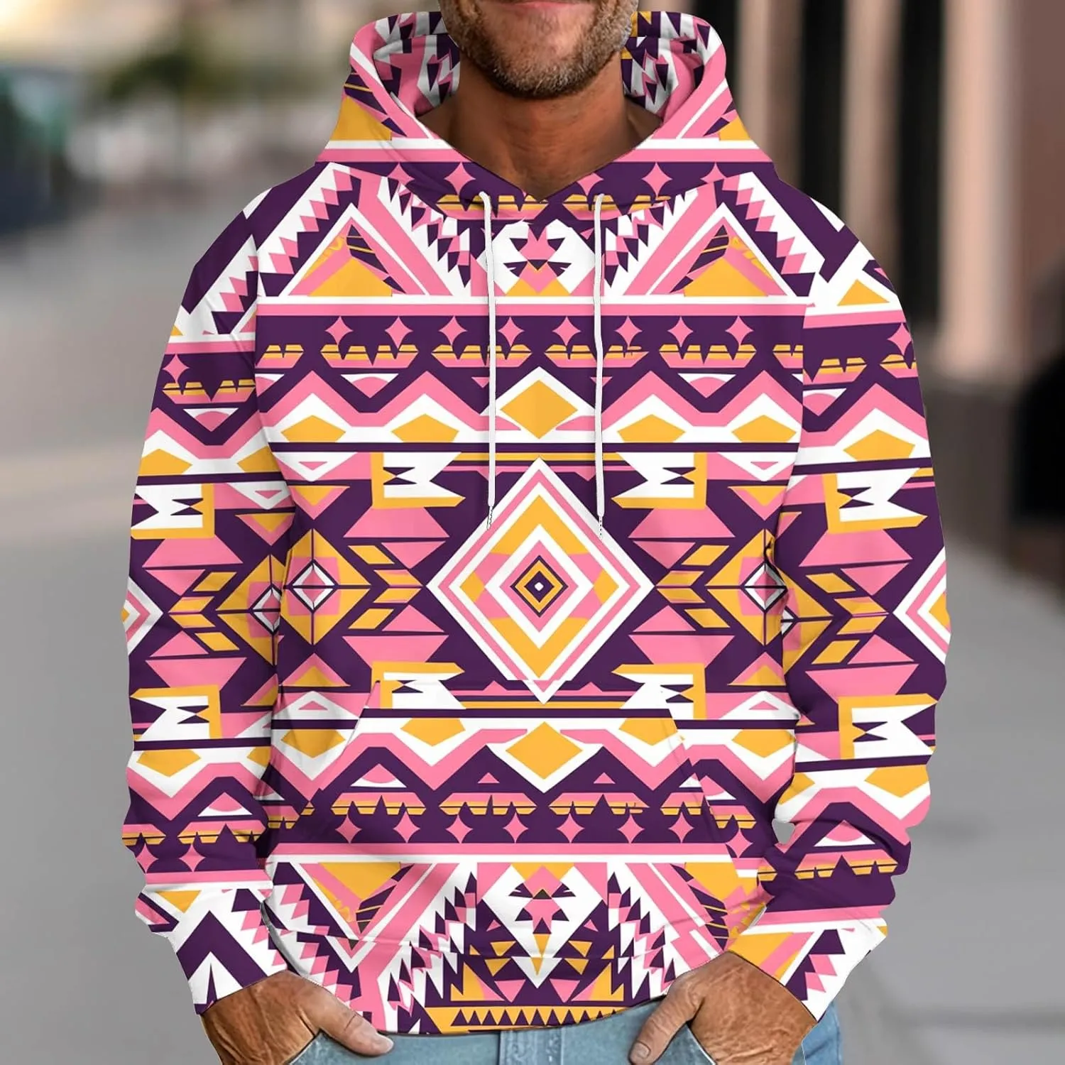 Men's Vintage Western Hoodies Aztec Ethnic Printed Tops Long Sleeve Tribal Ethnic Print Hooded Sweatshirts