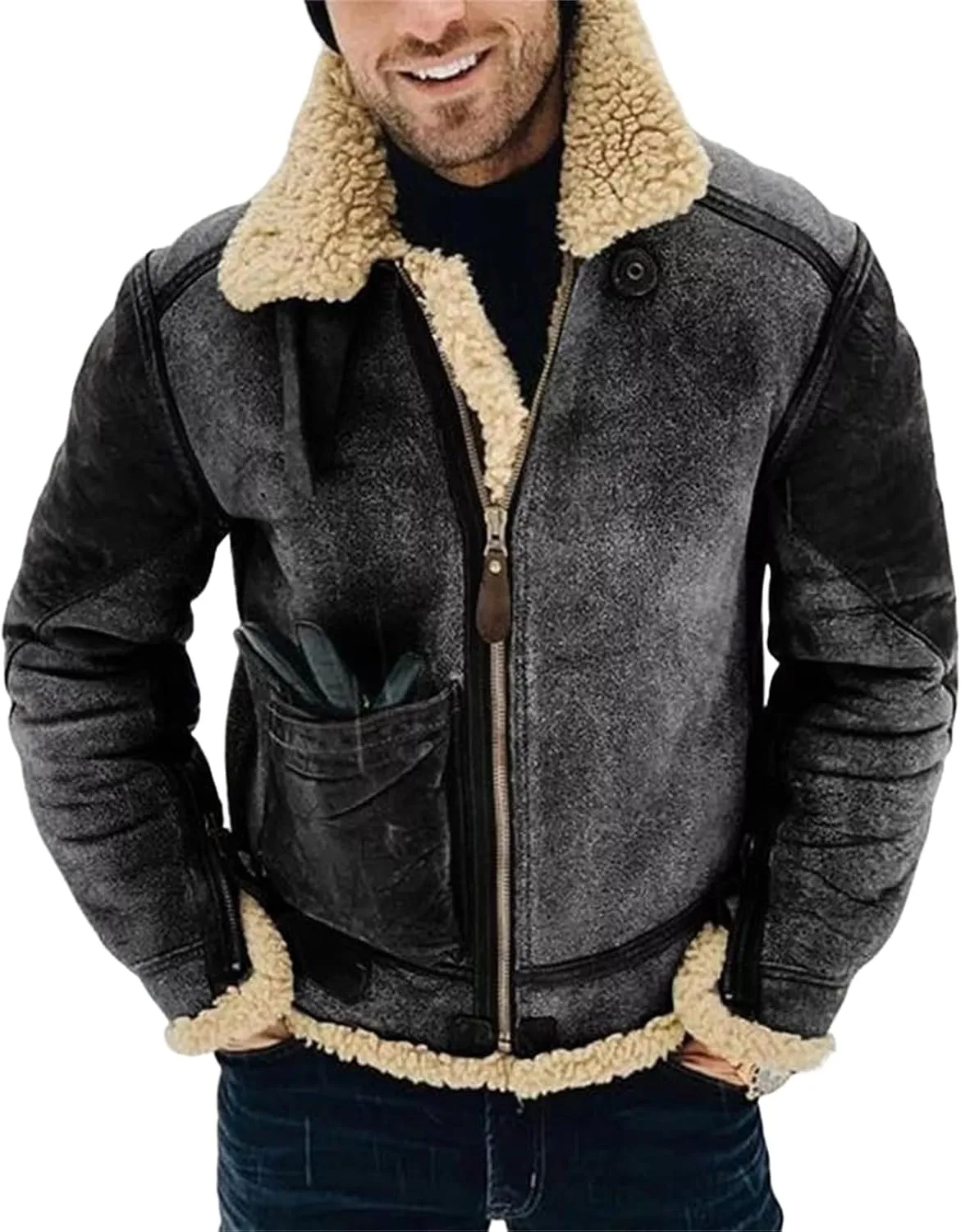 Men's Winter Jacket 2024 Warm Fleece Lined Coat Faux Suede Bomber Jacket Outerwear Lapel Work Wear for Outdoor Hunting