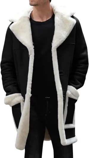 Mens Winter Suede Sherpa Lined Coat Fleece Sheepskin Jacket Pea Coat Faux Fur Collar Shearling Jacket Leather Coat