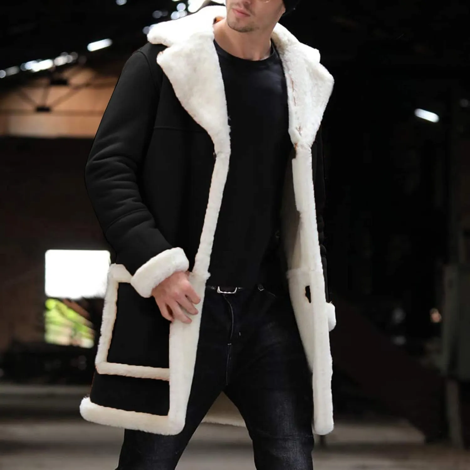 Mens Winter Suede Sherpa Lined Coat Fleece Sheepskin Jacket Pea Coat Faux Fur Collar Shearling Jacket Leather Coat