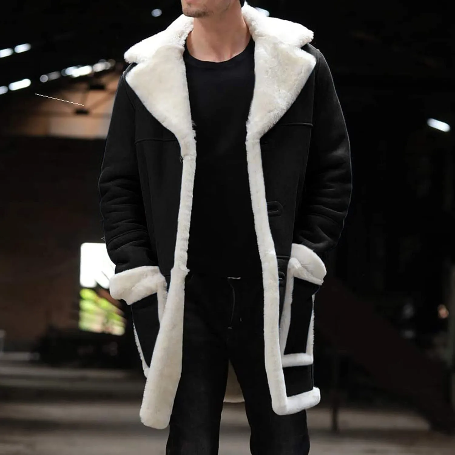 Mens Winter Suede Sherpa Lined Coat Fleece Sheepskin Jacket Pea Coat Faux Fur Collar Shearling Jacket Leather Coat