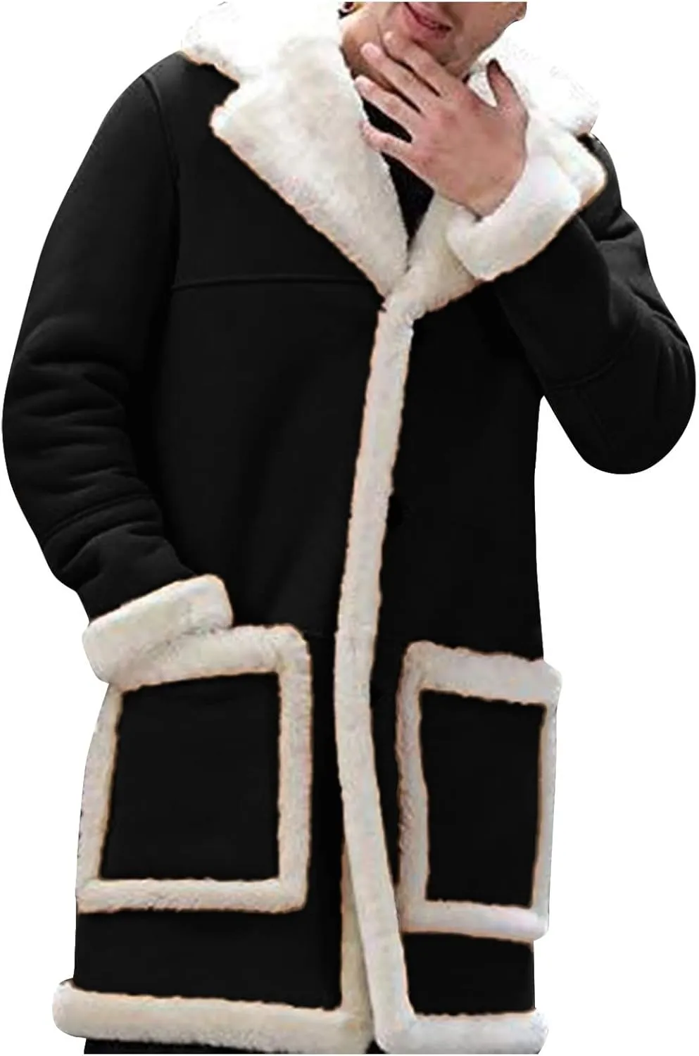Mens Winter Suede Sherpa Lined Coat Fleece Sheepskin Jacket Pea Coat Faux Fur Collar Shearling Jacket Leather Coat