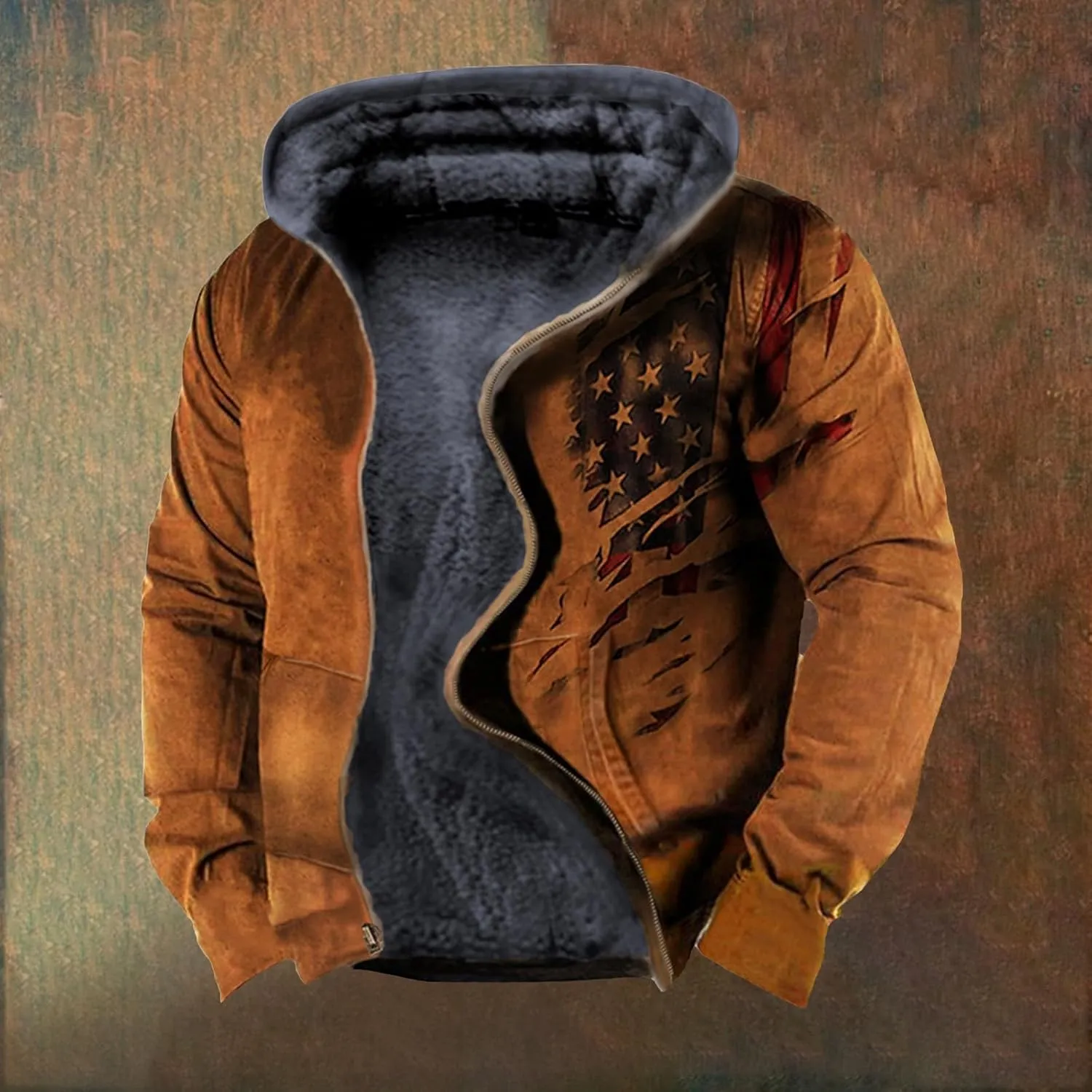 Men's Winter Warm Coats Zip Up Western Fleece Jackets Casual Retro Patriotic Sherpa Jacket Fall Country Cowboy Coats